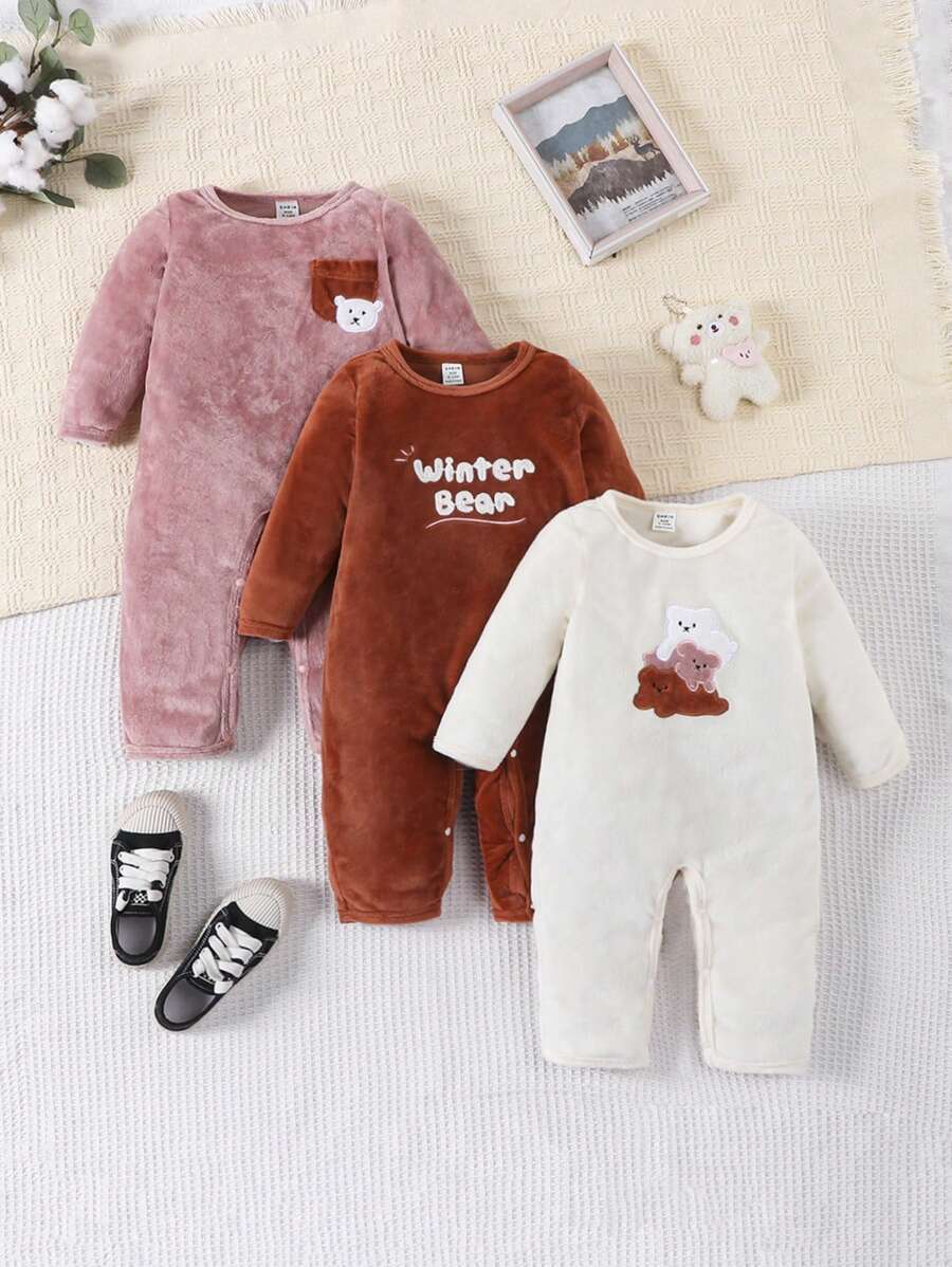 SHEIN 女嬰3入組刺繡卡通和字母圖案連身褲 - 彩色 - 查看 1