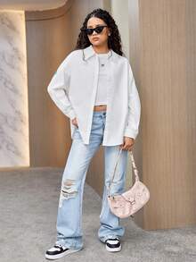 青少年女孩字母圖案落肩袖翻蓋口袋襯衫