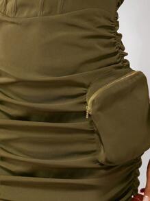 Hauture 褶饰拉链口袋紧身管状迷你连衣裙 - 橄欖綠 - 查看 6