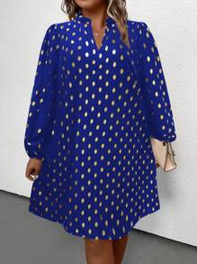 SHEIN LUNE Plus Gold Dot Print Lantern Sleeve Tunic Dress - Royal Blue - View 6