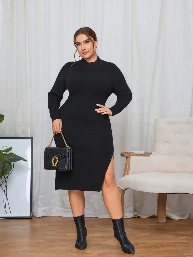 Plus Mock Neck Split Thigh Sweater Dress