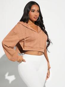 SHEIN SXY Ombro Caído Cordão Capuz Crop - Marrom Claro - Ver 5