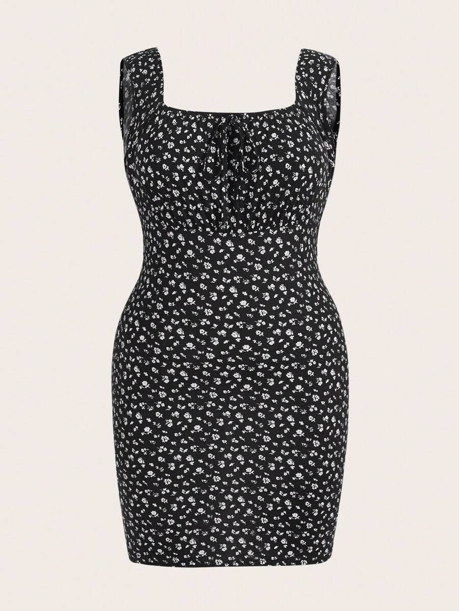 SHEIN Qutie 大碼碎花前打結緊身洋裝 - 黑色 - 查看 1