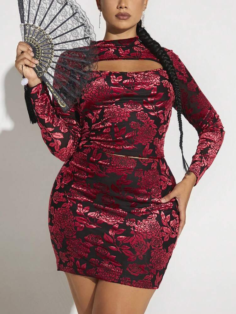 Plus Floral Print Cut Out Mock Neck Top & Bodycon Skirt