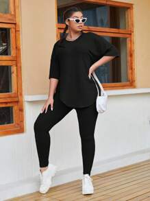 SHEIN EZwear Bộ thời trang Plus Size Gân đan màu trơn Giải trí - màu đen - Xem 5