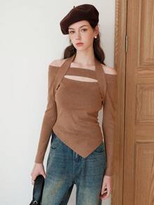 Áo len nữ Bất đối xứng Cắt ra màu trơn Giải trí - Màu nâu  Mocha - Xem 3