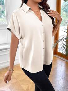 Calvaya Plus Ombre Batwing Sleeve Button Front Shirt - Apricot - View 5