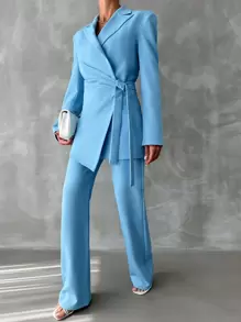 EURMUSE Màu thuần Áo vest Áo khoác Với Chải Và Quần ống rộng Bộ - Màu xanh lam - Xem 2