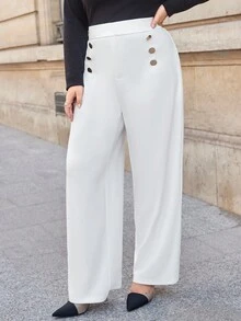SHEIN Privé Talla grande Pantalones rectos con diseño de botón - Blanco - Ver 6