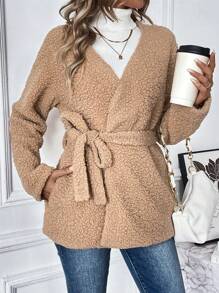 SHEIN LUNE Solid Belted Teddy Coat Fall Cloth For Women - Khaki - View 4