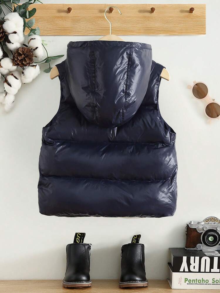 Young Boy 1pc Zipper Hooded Vest Padded Coat