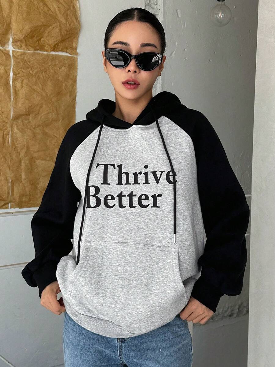 DAZY Letter Graphic Raglan Sleeve Drawstring Hoodie - Grey - View 1