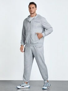 GENTILAND Men Plus Letter Graphic Zip Up Hoodie & Sweatpants - Grey - View 3