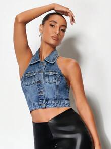 SHEIN BAE 翻蓋口袋前紐扣繞頸露背短款牛仔上衣 - 藍色 - 查看 6