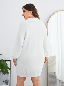 SHEIN Clasi Plus Pearls Beaded Drop Shoulder Sweater Dress - White - View 2