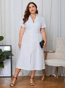 SHEIN Essnce Plus Lapel Neck Button Front Belted Shirt Dress - Beige - View 6