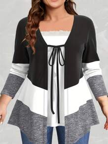 Plus Colorblock Tie Front Tee - Black and White - View 1