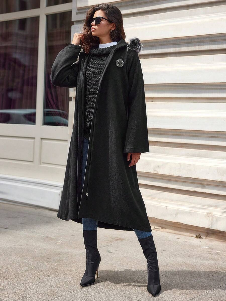 RueChic Plus Zip Up Hooded Overcoat - Black - View 1