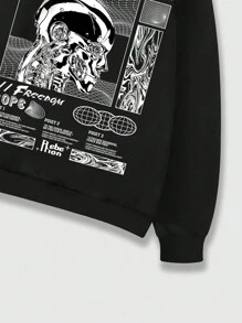 ROMWE MEN Goth Men's Black Zipper Hoodie With Back Print - Black - View 6