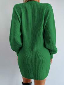 EURMUSE Drop Shoulder Ribbed Knit Sweater Dress Without Belt - Dark Green - View 2