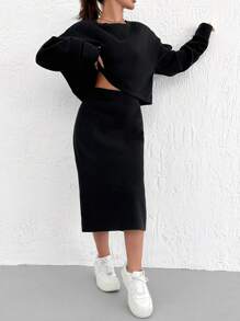 RueChic 2pcs/Set Women's Loose Fit Round Neck Long Sleeve Top And Mid-Length Solid Color Skirt - Black - View 4