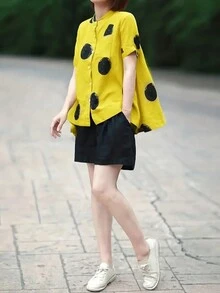 Polka Dot High Low Blouse - Yellow - View 3