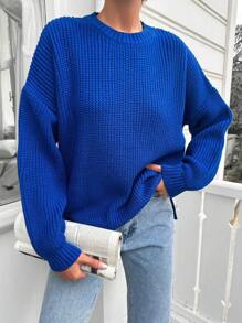 EURMUSE Chất rắn Thả vai Đồ đan Ribbed Thả vai Áo len - Màu xanh lam - Xem 1