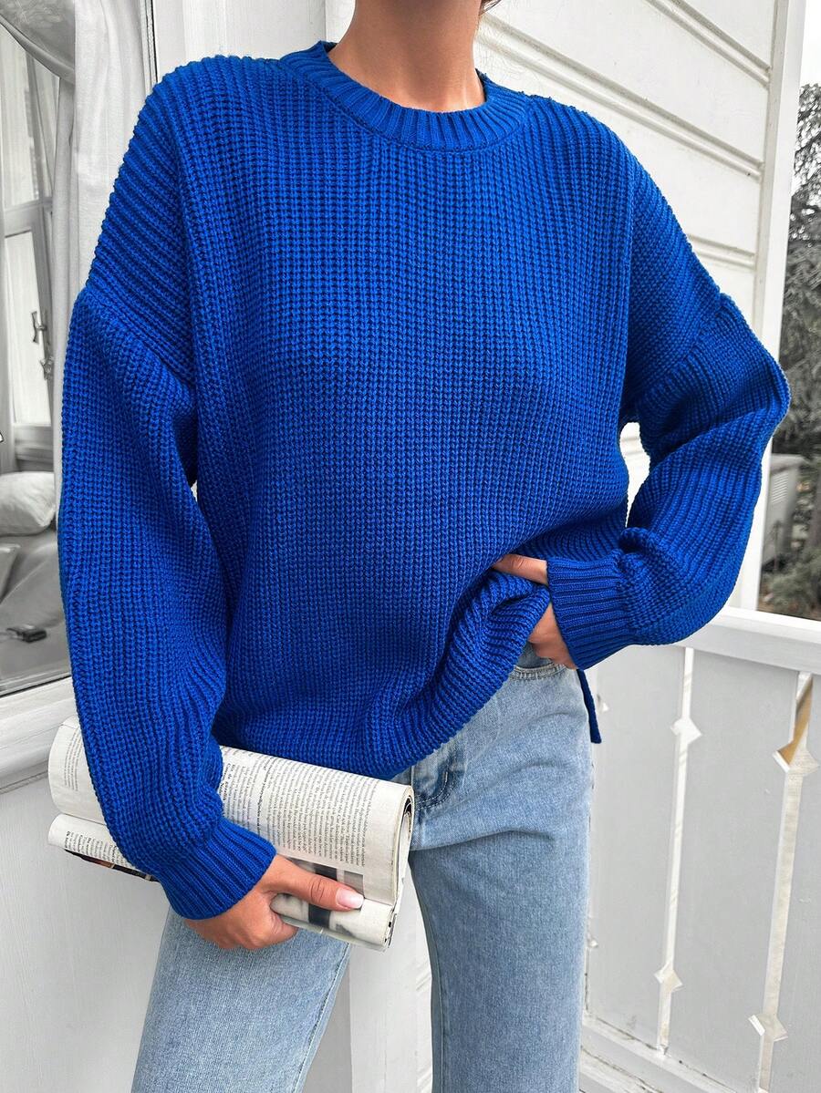 EURMUSE Chất rắn Thả vai Đồ đan Ribbed Thả vai Áo len - Màu xanh lam - Xem 1