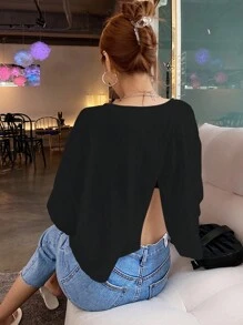 DAZY Women's Back Cross Wrap Drop Shoulder Top,Fall Clothes Long Sleeve Women Tops - Black - View 6