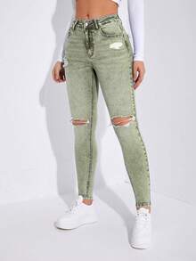 Jeans ajustados desgarro - Verde militar - Ver 3