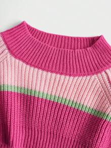 Teen Girl Striped Pattern Raglan Sleeve Crop Sweater - Multicolor - View 3