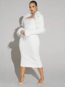 SHEIN X GiudiceGirls Plus Fuzzy Trim Cami Bodycon Dress & Open Front Jacket - White - View 3