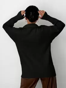 EURMUSE Half Zip Drop Shoulder Oversized Sweater - Black - View 2