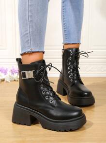 Women's Fashion Mid-Calf Boots Side Zipper Lace-Up Decorative Belt Buckle  Boots White Plus Size - Black - View 1