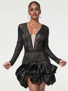 Elegant Mesh Ruffle Hem Sequin Cocktail Bodycon Dress - Black - View 3