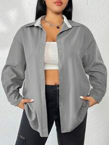 Flirla Plus Drop Shoulder Button Front Shirt - Grey - View 3