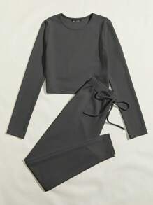 SHEIN EZwear 純色 T 恤和前結打底褲 - 灰色 - 查看 3