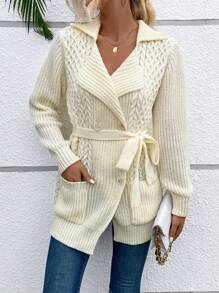 SHEIN Clasi Dual Pocket Belted Cardigan - Apricot - View 1