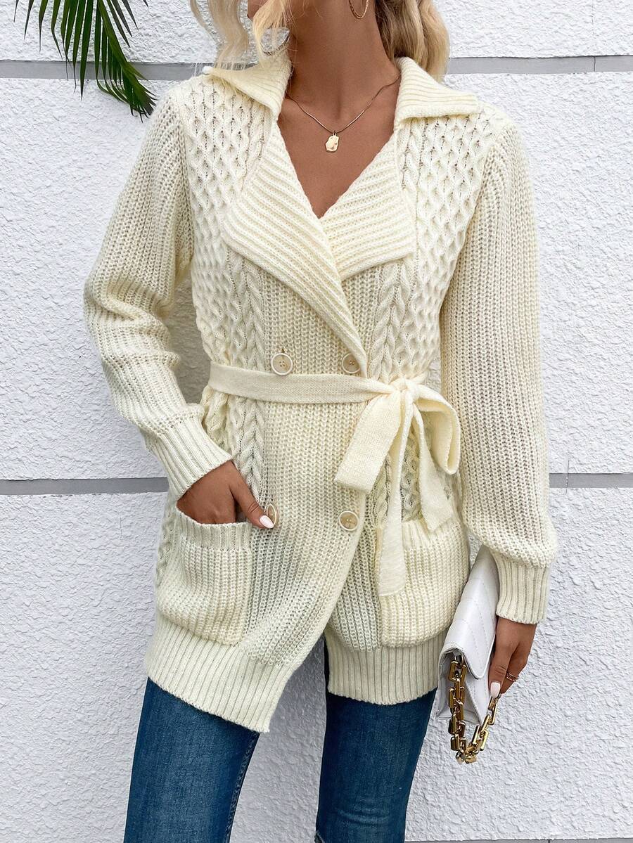 SHEIN Clasi Dual Pocket Belted Cardigan - Apricot - View 1