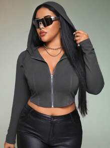 SHEIN ICON Plus Size Zip Up Drawstring Sweatshirt - Grey - View 7