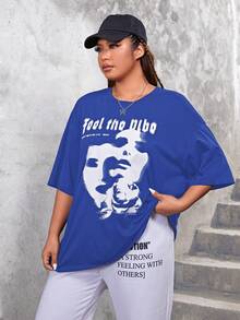 SHEIN EZwear Plus Hình & Slogan Đồ họa Áo thun trễ vai - Màu xanh lam - Xem 3