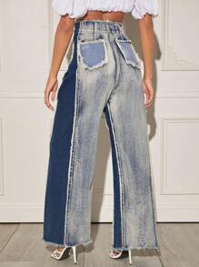 Denimoi Jeans de pierna ancha con cintura alta, bolsillos sesgados y bloques de color apilados - Azul - Ver 2