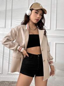 SHEIN LUNE Blazer de un solo pecho con detalle de solapa y ribete de rayas - Caqui - Ver 3