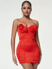 3D Rosette Ruched Satin Tube Bodycon Dress - Red - View 1