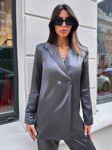 RueChic Solid Double Button Blazer & Straight Leg Suit Pants - Silver - View 3