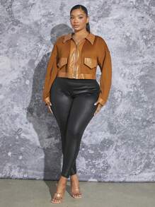SHEIN SXY Plus Flap Detail Drop Shoulder Mixed Media Jacket - Brown - View 4