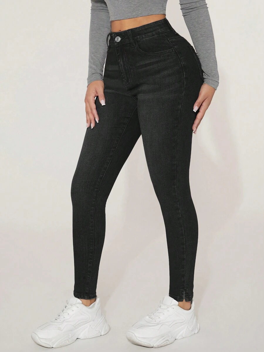 SHEIN PETITE High Waist Skinny Jeans - Black - View 1