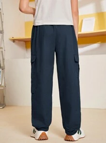 SHEIN Casual Loose Fit Cargo Pants For Tween Boys - Navy Blue - View 2