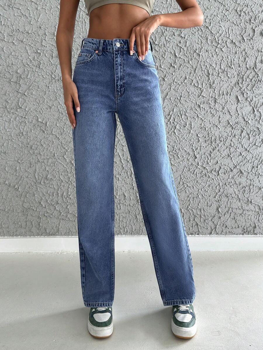 Cottnline High-waisted Straight Leg Jeans With Washed Effect - Medium Wash - View 1