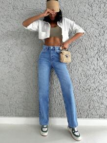 Cottnline Washed Straight Leg Jeans - Royal Blue - View 4